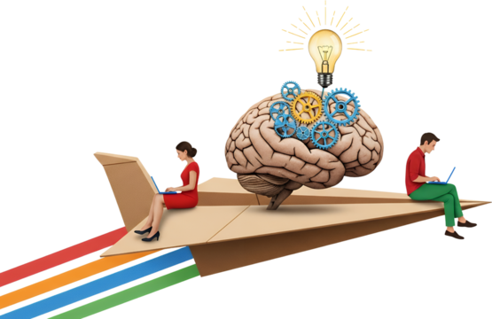 A woman and a man on paper airplanes connected by a giant brain with gears and a lightbulb illustrating technological innovation and collaborative thinking