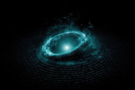 Abstract artwork depicts a glowing ring with binary code encircling the luminous core