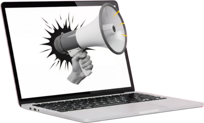 A hand emerges from a laptop screen holding a megaphone broadcasting sound waves outwards in a comic book style collage art announcement communication