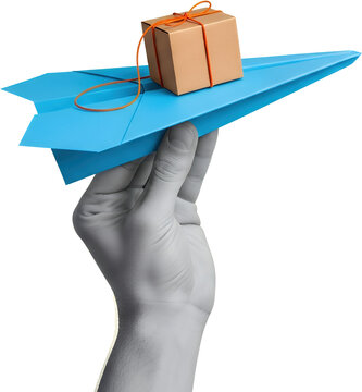 A grey toned hand holding a bright blue paper airplane carrying a small cardboard package tied with orange string collage art delivery shipping transportation