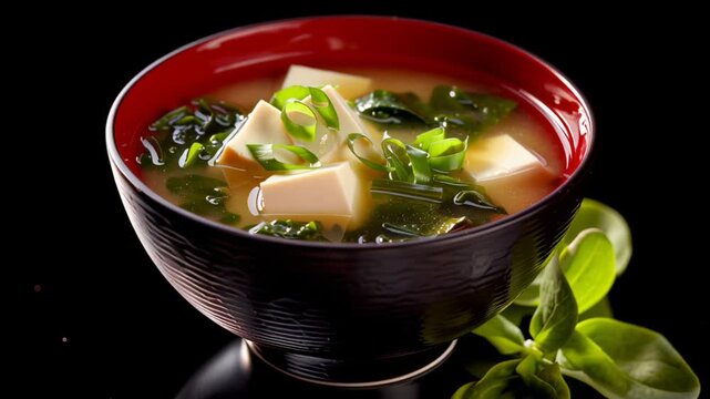 Tofu miso soup topped with green onions in a black bowl. Dark background highlights vibrant colors of ingredients. Concept of Japanese cuisine, healthy eating, restaurant menu