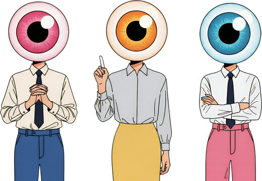 Three Stylized Figures With Giant Eyeball Heads In Pink Orange And Blue Wearing Professional Attire Stand Against A Transparent Background Collage Art Surreal