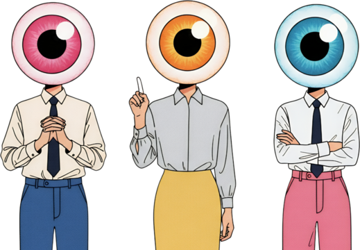 Three Stylized Figures With Giant Eyeball Heads In Pink Orange And Blue Wearing Professional Attire Stand Against A Transparent Background Collage Art Surreal - Powered by Adobe