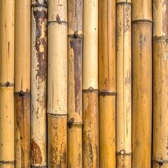 Obraz premium A close-up captures the texture and color of a bamboo arrangement, showing the natural patterns. The vertical stalks are yellow and brown, with a weathered appearance