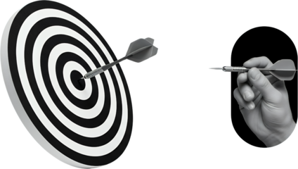 A hand holding a dart aims at a bullseye on a black and white target board with another dart already embedded collage dartboard aiming accuracy precision