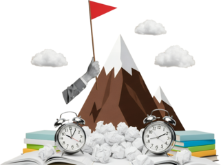 Hand holding red flag atop snow capped mountains with alarm clocks crumpled papers and books collage art success goal achievement victory summit peak business