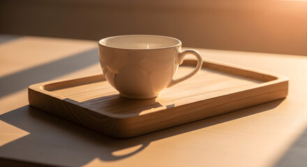 A pristine white teacup sits on a wooden tray, bathed in warm sunlight, creating a serene atmosphere.