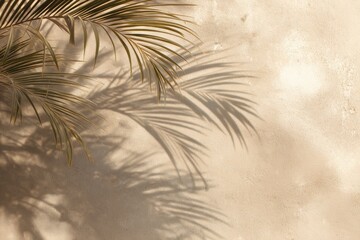 Obraz premium Tropical palm frond casts intricate shadow on a rough, textured, beige-toned wall