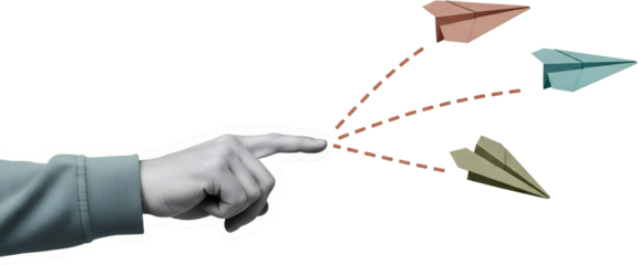 A hand points its index finger towards three colorful paper airplanes each trailing a dashed line indicating its flight path collage art Pointing Direction