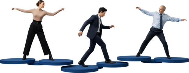 Three business professionals in formal attire walk across blue circular platforms symbolizing progression and achievement collage art women walking career