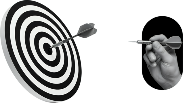 A hand holding a dart aims at a bullseye on a black and white target board with another dart already embedded collage dartboard aiming accuracy precision