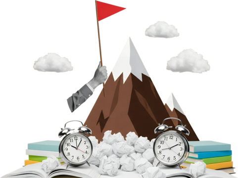 Hand holding red flag atop snow capped mountains with alarm clocks crumpled papers and books collage art success goal achievement victory summit peak business