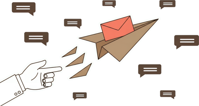Hand pointing at paper airplane carrying envelope surrounded by speech bubbles against a dark background collage art communication message sending sending message