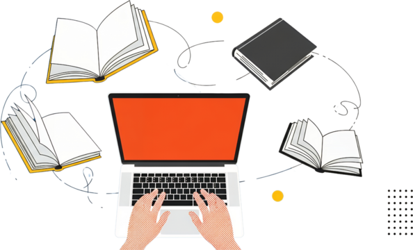 A laptop with hands typing is surrounded by open and closed books connected by dashed lines suggesting a flow of information collage art Open books Knowledge