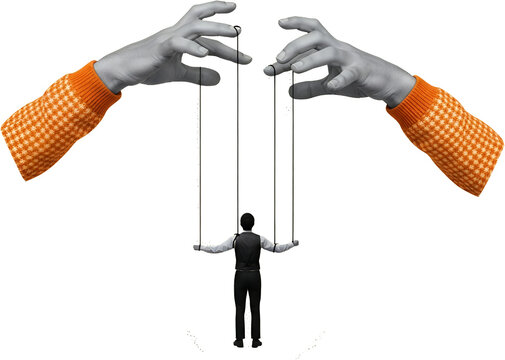 Two large gray hands wearing orange knitted sleeves manipulate thin strings attached to a man in a vest and shirt resembling a puppet show collage art