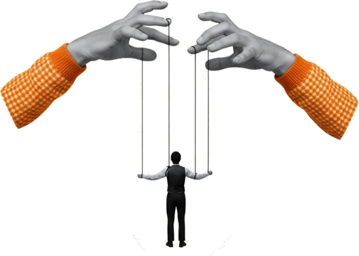 Two large gray hands wearing orange knitted sleeves manipulate thin strings attached to a man in a vest and shirt resembling a puppet show collage art