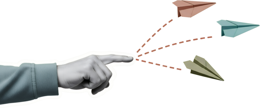 A hand points its index finger towards three colorful paper airplanes each trailing a dashed line indicating its flight path collage art Pointing Direction - Powered by Adobe