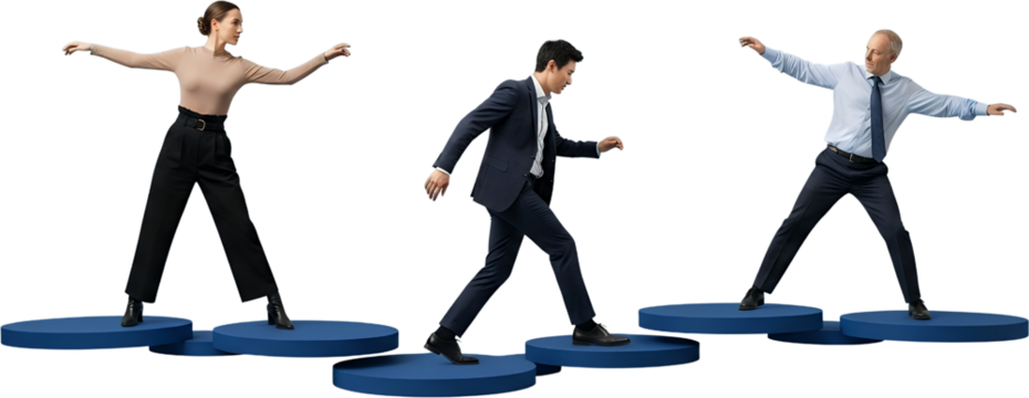 Three business professionals in formal attire walk across blue circular platforms symbolizing progression and achievement collage art women walking career