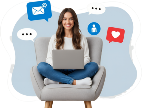 Smiling young woman comfortably seated in an armchair using a laptop with social media icons representing email chat user profile and likes appearing around her head