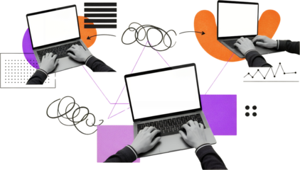 Hands typing on laptops surrounded by abstract shapes data charts and connecting lines illustrating digital connection and analysis collage computer technology