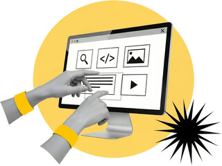 Two gray hands with yellow wristbands interact with a computer screen displaying icons for search code image and video collage art Technology Design User Interface