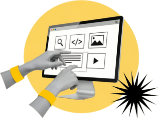 Two gray hands with yellow wristbands interact with a computer screen displaying icons for search code image and video collage art Technology Design User Interface