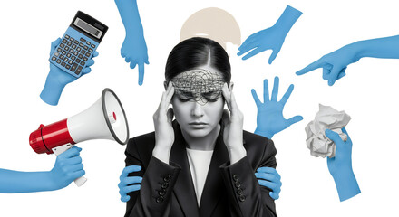 Stressed businesswoman with hands pointing holding calculator megaphone and crumpled paper representing pressure and mental overload collage art overwhelm