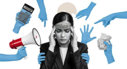 Stressed businesswoman with hands pointing holding calculator megaphone and crumpled paper representing pressure and mental overload collage art overwhelm