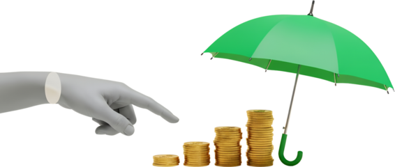 A grey hand points towards rising stacks of gold coins under a green umbrella symbolizing financial growth and security collage art pointing protection
