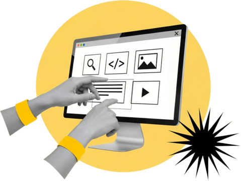 Two gray hands with yellow wristbands interact with a computer screen displaying icons for search code image and video collage art Technology Design User Interface