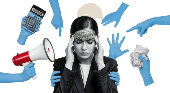 Stressed businesswoman with hands pointing holding calculator megaphone and crumpled paper representing pressure and mental overload collage art overwhelm