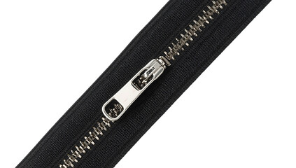 Detailed view of a silver zipper slider and teeth on a png black fabric surface fastener metal