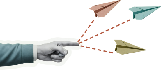 A hand in a suit jacket points a finger triggering three paper airplanes of different colors moving away from the finger collage art Pointing Origami Flight