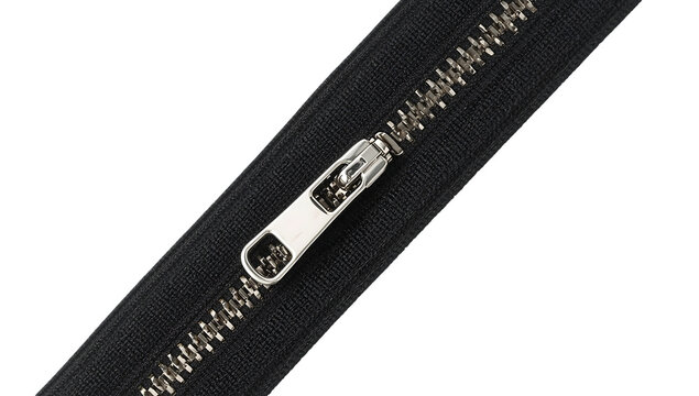 Detailed view of a silver zipper slider and teeth on a png black fabric surface fastener metal