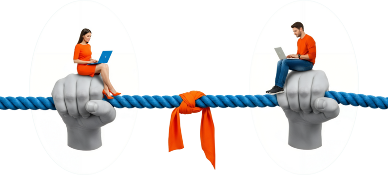 Two people a woman and a man sitting on giant grey hands holding a blue rope tied with orange fabric working on laptops collage art technology connection