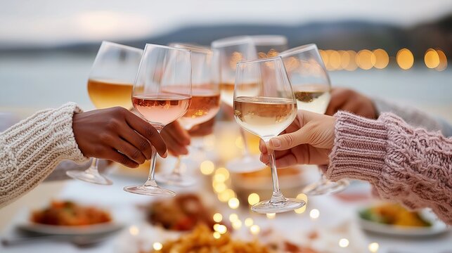 Diverse group toasting with wine glasses at outdoor celebration by the water - Powered by Adobe