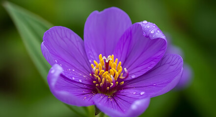 Fototapeta premium Close up shot of a vibrant purple flower with yellow stamens and water droplets on the petals in nature