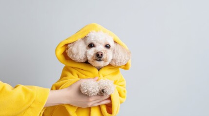 A cute poodle in a yellow hooded towel is held by a person, showcasing a cozy and playful atmosphere.