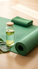 Green yoga mat, rolled up and ready for a workout, with a bottle of infused water and a towel on a wooden floor