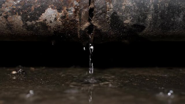 Close-Up View of a Rusty Pipe with Dripping Water in Dark Surrounding