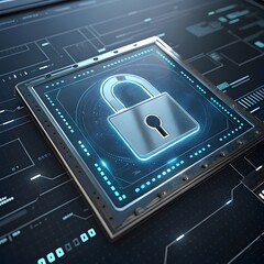 Cybersecurity Tablet: Futuristic Lock Symbol Displayed on Advanced Device for Online Protection, Data Security and Digital Safety Technology