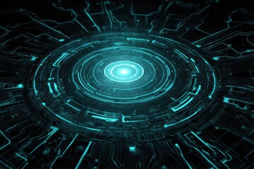 Futuristic circular tech design with glowing center, circuit board pattern, & teal lines on black backdrop