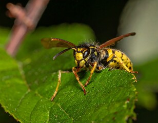 Fototapeta premium Close-up of a wasp resting on a textured green leaf