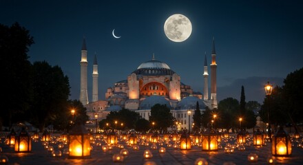 Ramadan evening at Hagia Sophia with crescent moon