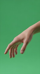 Hand reaching out on green background in studio shot.