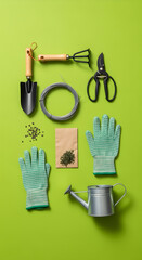 Gardening tools and accessories arranged neatly on a vibrant green background showcasing the essentials for nurturing plants and flowers