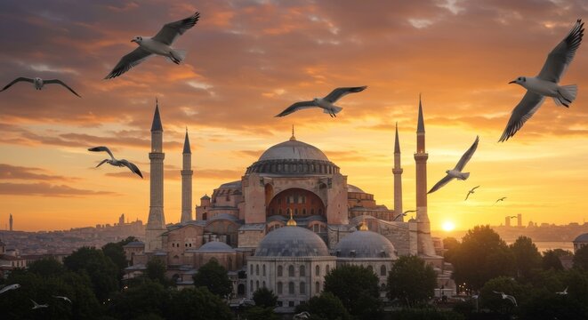Golden sunrise over Hagia Sophia mosque, Istanbul Turkey