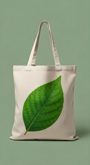 A beige tote bag with a large, detailed green leaf design, perfect for carrying groceries.