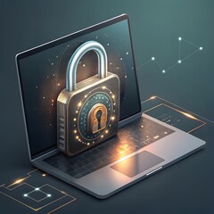 Laptop Security: Data Protection Padlock with Code Combinations, Digital Protection Concept for Personal Information, Secure Connection and Privacy