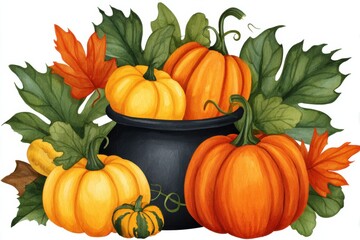 A vibrant illustration featuring various pumpkins, leaves, and a black cauldron, evoking a cozy autumn atmosphere.